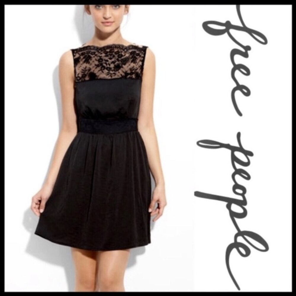 Free People Tea For Two Black Cocktail Lace Neck Mini Dress LG